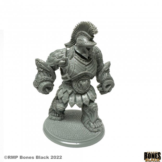 Bronze Golem - Bronze golem miniature with spiked helmet, segmented armor, and muscular design on round base.