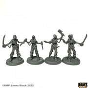 Skeletal Boarding Party (4) - Four gray plastic skeletal pirate miniatures wielding swords and an axe on round bases.