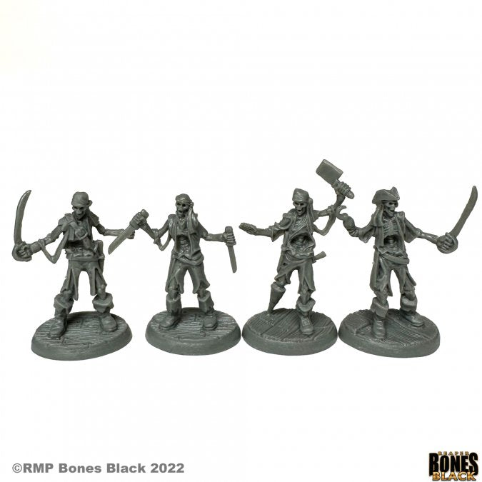 Skeletal Boarding Party (4) - Four gray plastic skeletal pirate miniatures wielding swords and an axe on round bases.