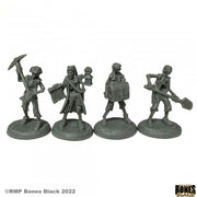 Skeletal Treasure Crew (4) - Four unpainted gray resin fantasy skeletal miniatures standing on round bases with various weapons and armor details.