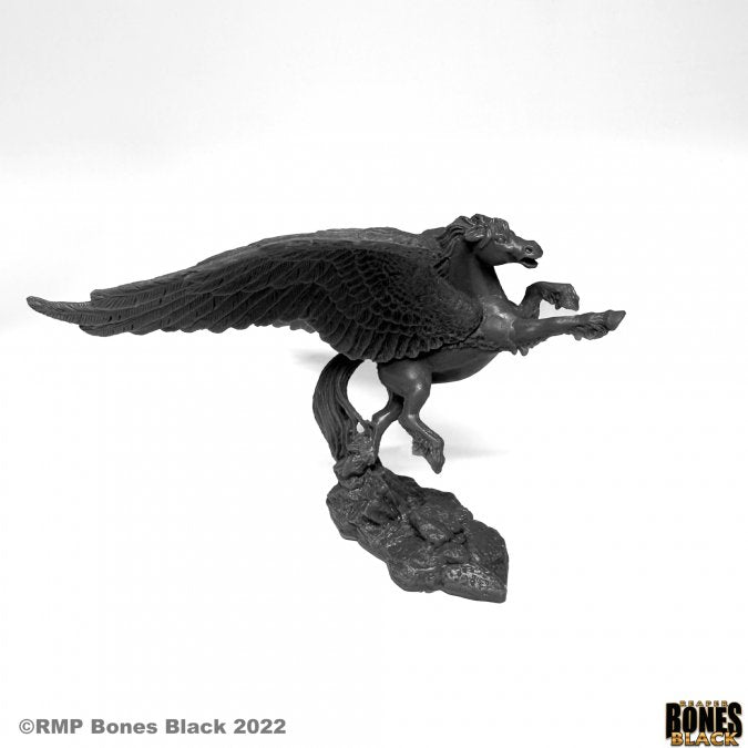 Pegasus - Black detailed resin Pegasus figurine with spread wings mounted on rocky base.