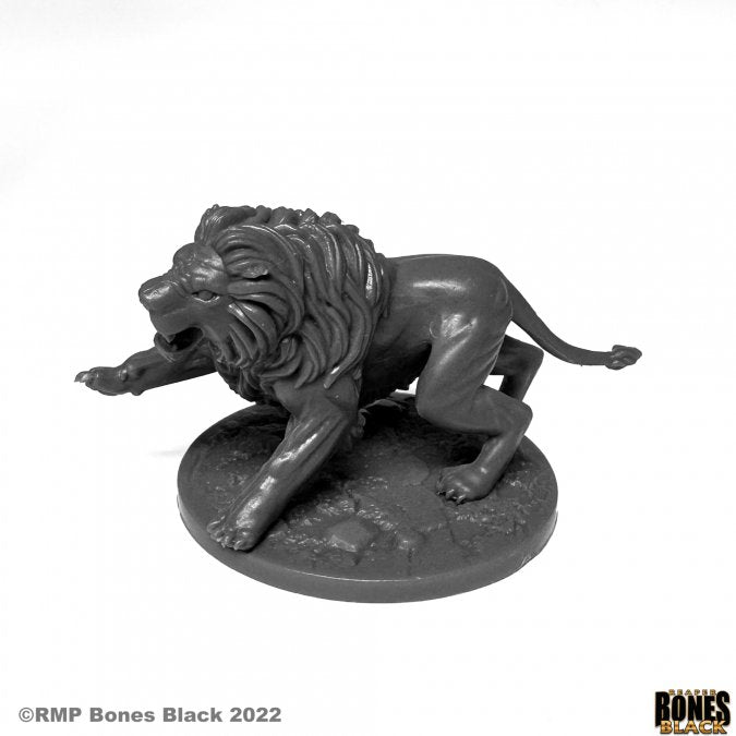 Nemean Lion - Dark gray detailed miniature of a roaring lion with a thick mane on a textured round base.
