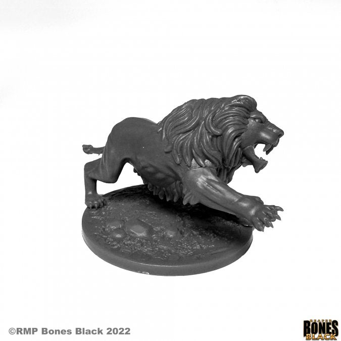 Nemean Lion - Black resin miniature of a roaring lion with a flowing mane, poised to pounce on a textured base.