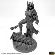 Yephima, Cloud Giant - Dark gray fantasy miniature of a female giant with armor and a crown, stepping on wooden debris.