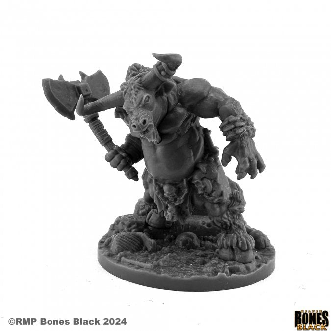 Minotaur - Dark gray resin Minotaur figurine with muscular bull head, large double-bladed axe, and detailed rocky base.