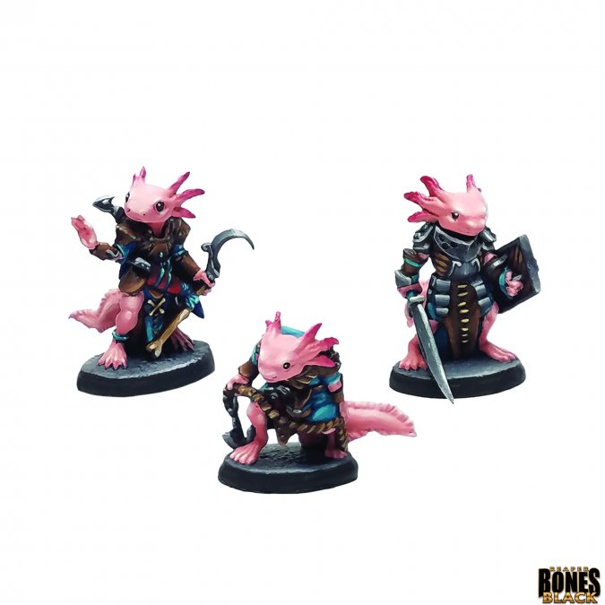 Axolotii Heroes (3) - Three detailed pink axolotl warrior miniatures in dynamic poses, wearing dark armor with blue accents, each holding weapons.