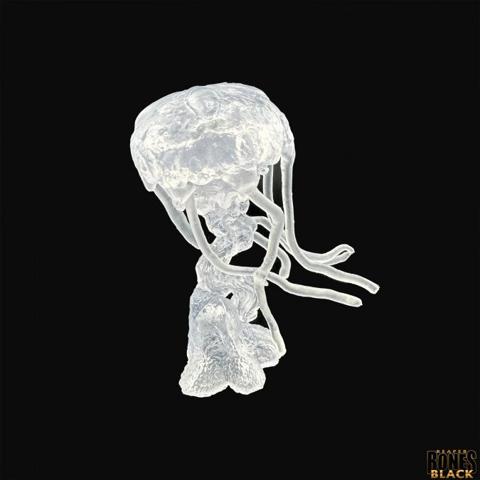 Dire Jellyfish (Translucent) - Translucent jellyfish figurine with detailed bell and trailing tentacles against black background.