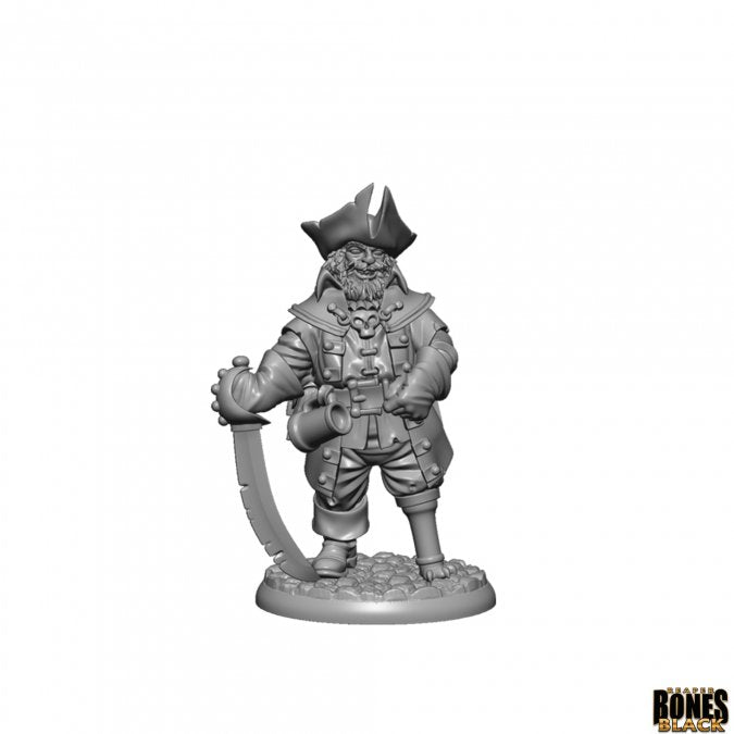 Ghost Pirate Captain - Gray unpainted miniature of a ghost pirate captain in tricorn hat holding a curved cutlass with skeletal details.