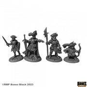 Barrowgate Town Watch (4) - Set of four unpainted gray plastic fantasy town watch miniatures, each in unique medieval armor with weapons including.