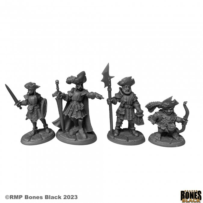 Barrowgate Town Watch (4) - Set of four unpainted gray plastic fantasy town watch miniatures, each in unique medieval armor with weapons including.