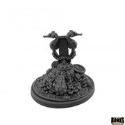 Harp of the Sirens - Black miniature harp sculpture with seahorse-shaped pillars on a textured base of underwater shells and coins.