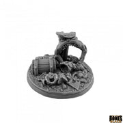 Treasure of the Sea King - Gray resin miniature of an open treasure chest spilling coins, jewels, and a small barrel on a textured circular base.