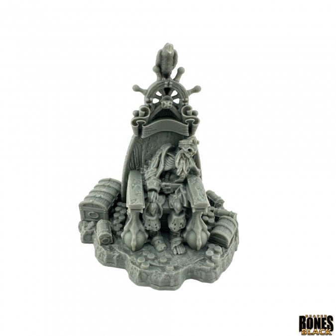 Dead Men Tell No Tales - Gray resin miniature of a cloaked skeletal pirate seated on a throne adorned with skulls and treasure chests.