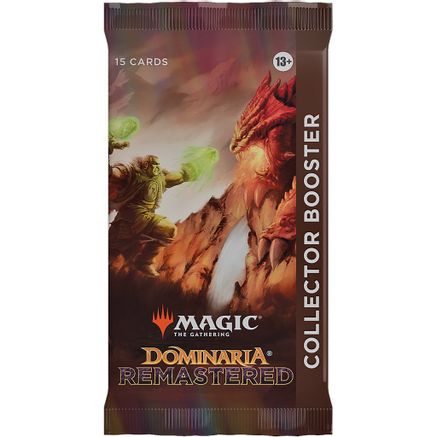 Magic: The Gathering - Dominaria Remastered Collector Booster Pack - The Gathering Dominaria Remastered collector booster pack with dragon and warrior artwork, brown and orange tones.