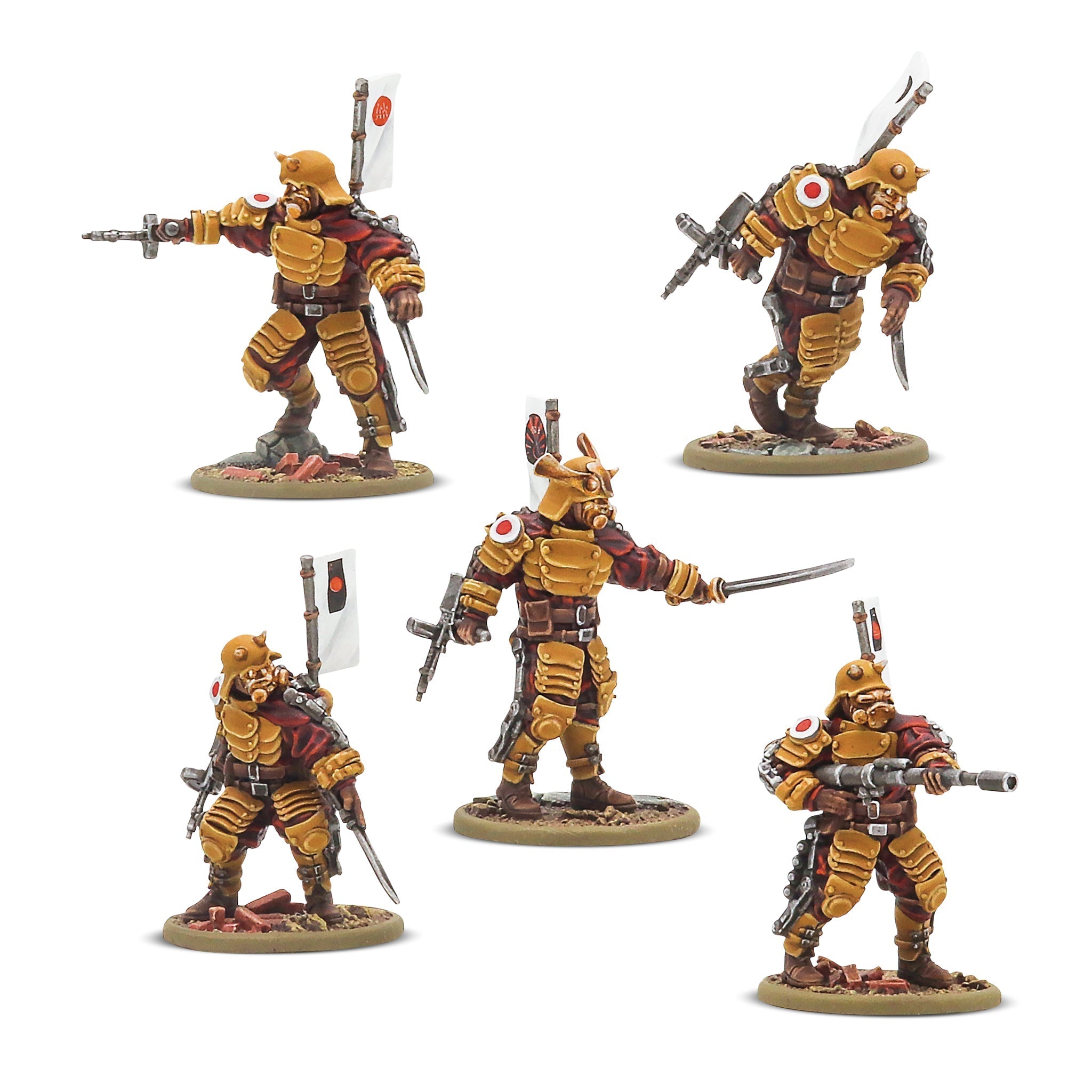 Konflikt '47: Assault-Frame Armoured Infantry Squad - Five detailed armored infantry miniatures in tan and brown futuristic combat suits, each holding different weapons like.