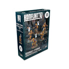 Konflikt '47: Assault-Frame Armoured Infantry Squad - Boxed set of six painted armored infantry miniatures with futuristic rifles, rugged base terrain, and orange-brown uniforms.