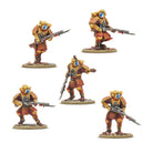 Konflikt '47: Ghost Attack Squad - Five detailed miniature soldier figures in brown and yellow armor with blue goggles, each holding different futuristic.