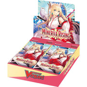 Cardfight Vanguard - Minerva Rising Booster Pack - Cardfight Vanguard Minerva Rising Booster Pack display box with anime girl in white and red outfit on blue background.
