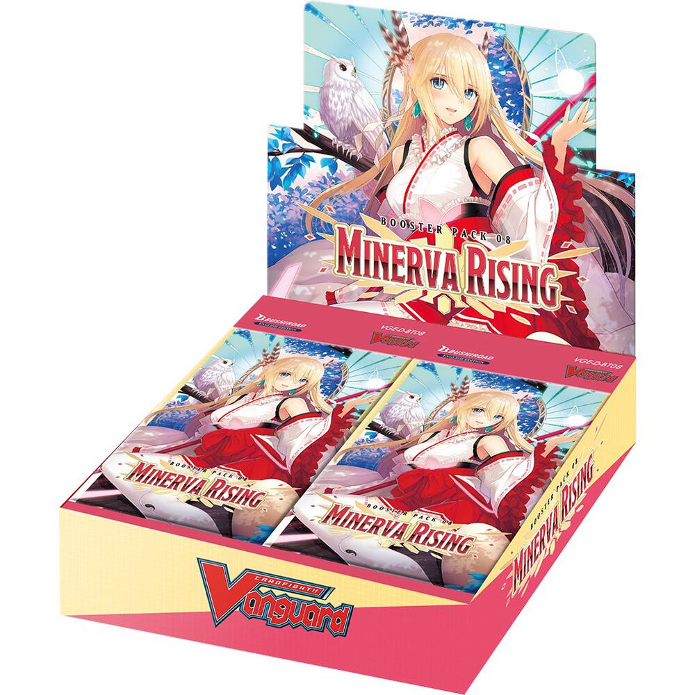 Cardfight Vanguard - Minerva Rising Booster Pack - Cardfight Vanguard Minerva Rising Booster Pack display box with anime girl in white and red outfit on blue background.