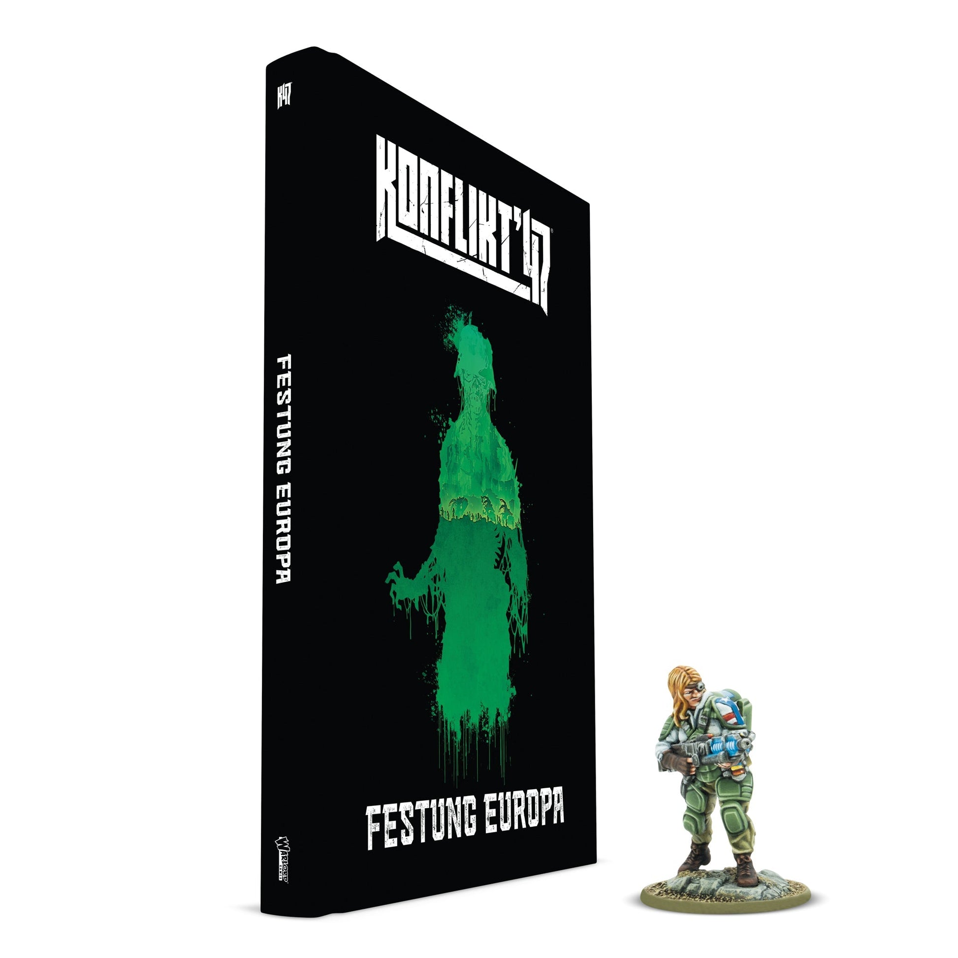 Konflikt '47: Festung Europa - Black game box with white text and green silhouette of a soldier, next to a painted miniature soldier in blue and green.