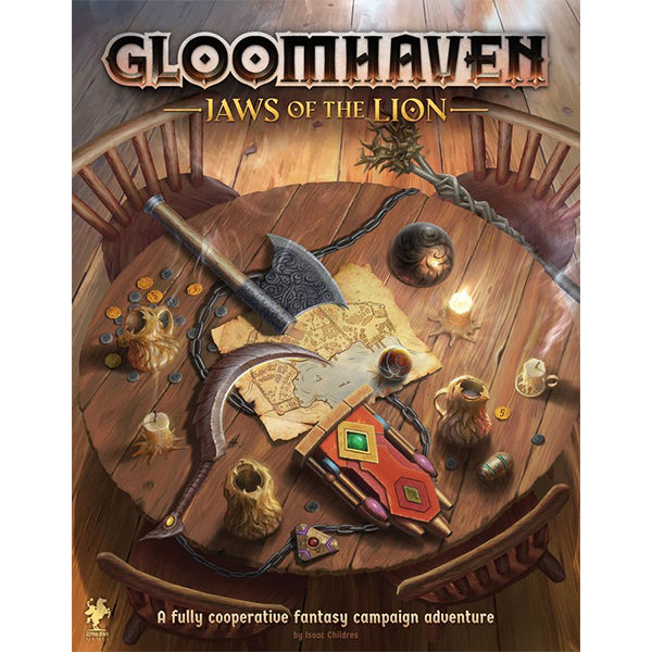 Gloomhaven: Jaws of the Lion (PREORDER) - Jaws of the Lion board game box with fantasy-themed artwork of a round wooden table holding weapons, a map, and coins.
