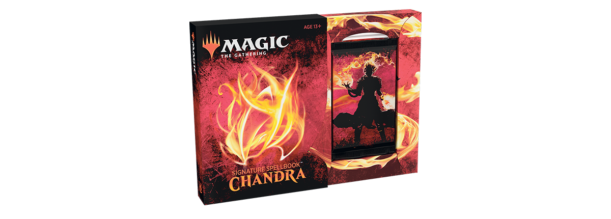 Magic the Gathering: Signature Spellbook: Chandra - Chandra with fiery red and orange flame artwork on black packaging and a visible card sleeve featuring a silhouette of.