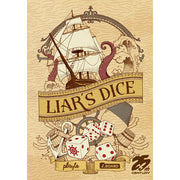Liar's Dice - Vintage-style game box cover with a sailing ship, kraken, and four white dice showing red pips on a parchment background.