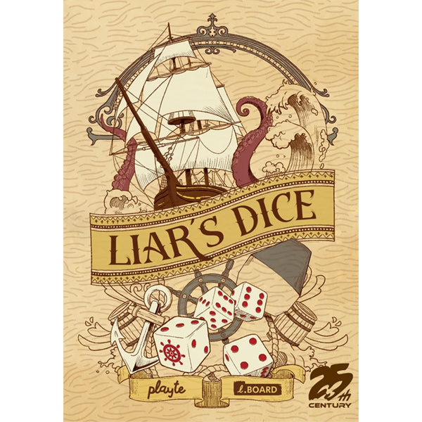 Liar's Dice - Vintage-style game box cover with a sailing ship, kraken, and four white dice showing red pips on a parchment background.