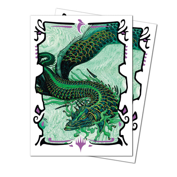 Apex Deck Protectors - Tarkir Dragonstorm - Teval, Arbiter of Virtue (105ct) - Deck protector sleeves featuring a detailed green dragon illustration on a mint green background with black and purple.