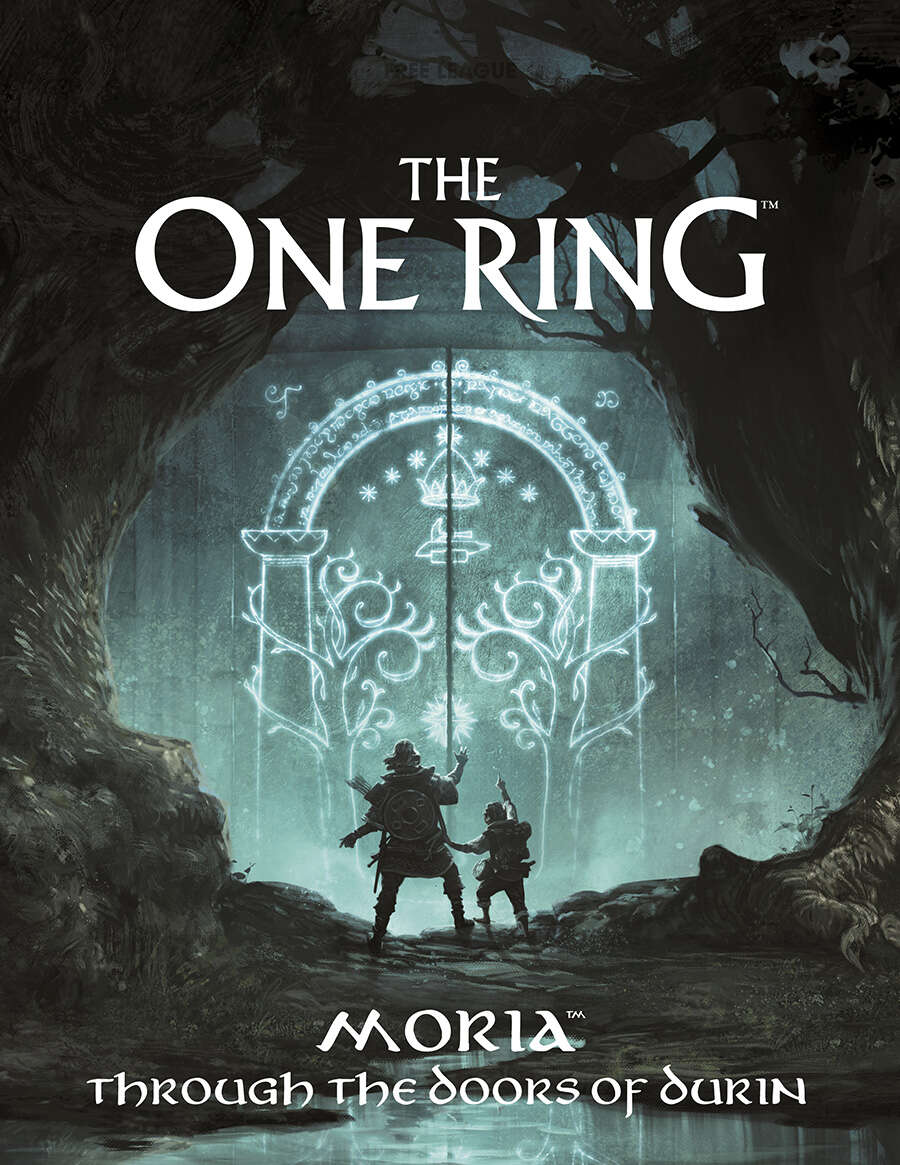 The One Ring: Moria: Through the Doors of Durin - Dark fantasy book cover with glowing ornate stone gate, two silhouetted adventurers, and misty cave background.