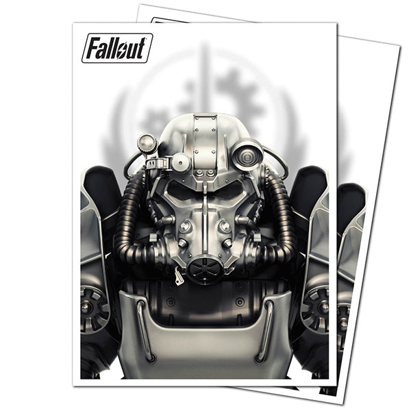 Deck Protectors: Apex- Fallout- Brotherhood of Steel (105ct) - Card sleeves featuring detailed artwork of a metallic power armor helmet from Fallout with black tubing and a white.