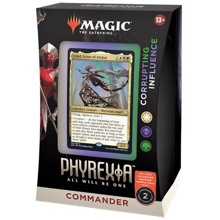 Magic: the Gathering -  Phyrexia Commander - Corrupting Influence - The Gathering Phyrexia Commander Corrupting Influence deck with illustrated card and black packaging.