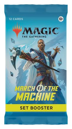 Magic: the Gathering -  March of the Machine Set Booster Pack - The Gathering March of the Machine Set Booster Pack with blue and yellow packaging featuring a warrior character artwork.