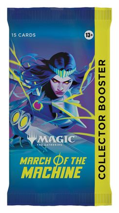 Magic: the Gathering -  March of the Machine Collector Booster Pack - The Gathering March of the Machine Collector Booster Pack with blue and yellow art, featuring a dark-haired character and.