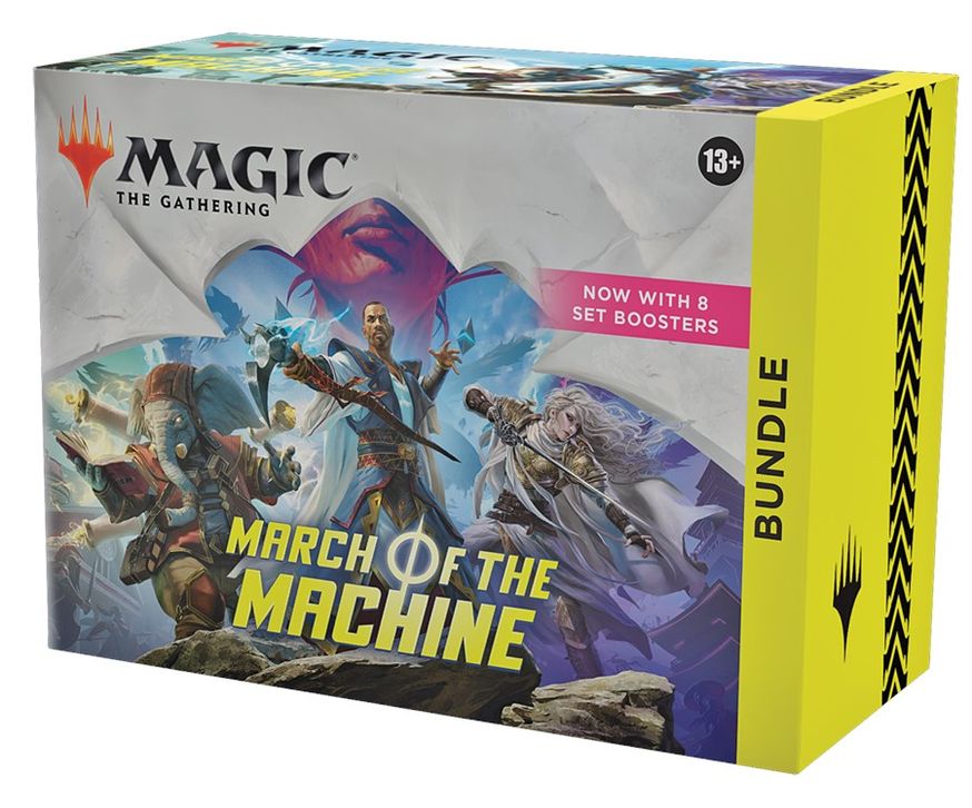 Magic: The Gathering - March of the Machine - Bundle - The Gathering March of the Machine Bundle box with colorful fantasy artwork and yellow side panel labeled Bundle.