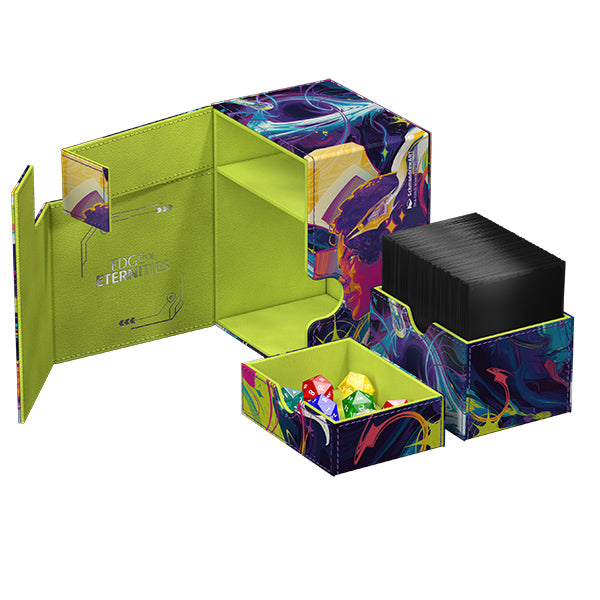 Ultimate Guard Flip´n´Tray 133+ Deck Case: Magic the Gathering: Edge of Eternities - Colorful rectangular deck case with cosmic purple and yellow artwork, neon green interior, and black card divider tray.