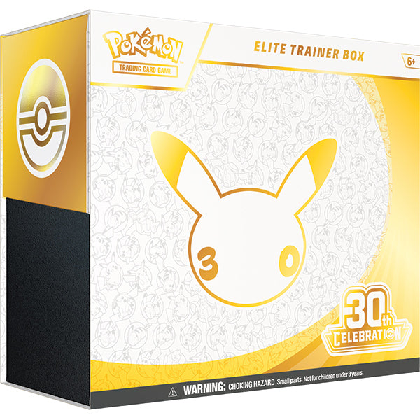 Pokémon TCG: 30th Celebration - Elite Trainer Box (PREORDER) - White and gold Pokémon TCG Elite Trainer Box with Pikachu silhouette and 30th Celebration logo.