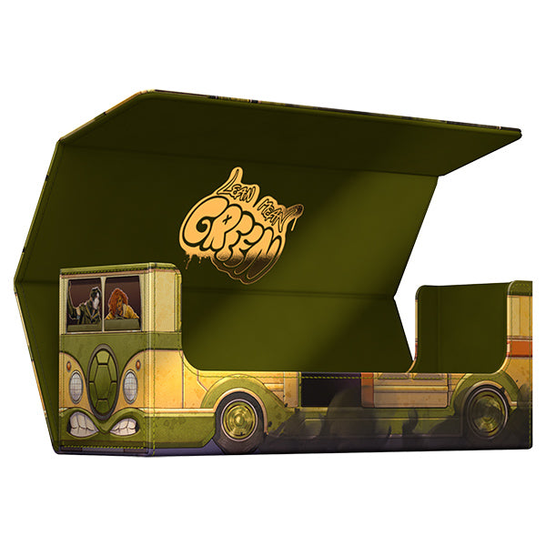 Ultimate Guard Arkhive 400+ Xenoskin Deck Case: Teenage Mutant Ninja Turtles - Turtles Van - Green and yellow bus-shaped deck case with Teenage Mutant Ninja Turtles graphics and "The Ogg" logo inside lid.