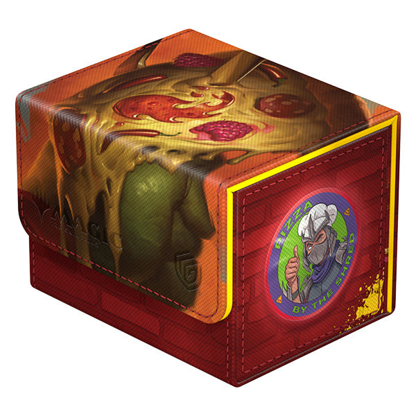 Ultimate Guard Sidewinder 100+ Xenoskin Deck Case: Teenage Mutant Ninja Turtles - Mountain - Red and orange Ultimate Guard Sidewinder 100+ Xenoskin deck case with Teenage Mutant Ninja Turtles pizza design and cartoon.