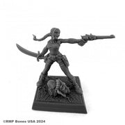 Kara, Female Archaeologist - Gray plastic miniature of a female archaeologist with braided hair, wielding a sword and a pistol, standing on a textured.