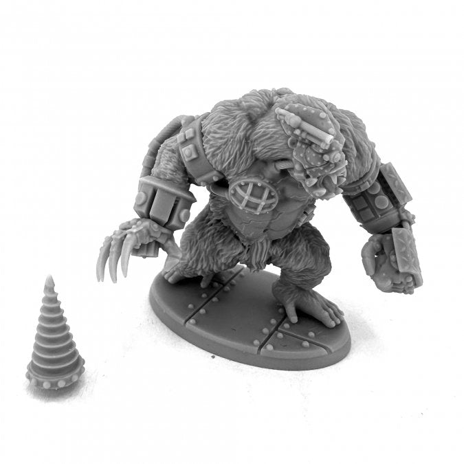 Ape-X MK II - Gray resin ape-like creature miniature with muscular build, mechanical arm attachments, and clawed hands on oval base with.