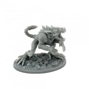 Cryptid Chupacabra - Gray detailed miniature of a crouching reptilian creature with spikes and claws on a textured rocky base.