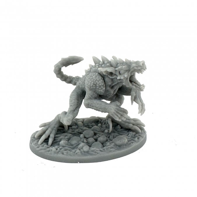 Cryptid Chupacabra - Gray detailed miniature of a crouching reptilian creature with spikes and claws on a textured rocky base.