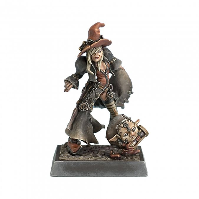 Time Witch (Unpainted) - Unpainted gray resin miniature of a witch with a pointed hat, long coat, mechanical arm, and clockwork details standing on a