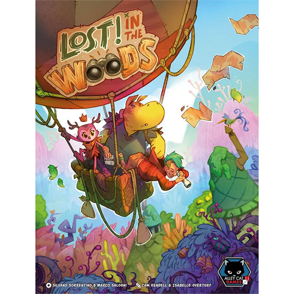 Lost in the Woods (PREORDER) - Colorful board game box with whimsical forest characters riding a hot air balloon over a vibrant landscape.
