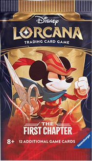 Lorcana Trading Card Game: The First Chapter Booster Pack - Gold and navy Lorcana trading card booster pack featuring Mickey Mouse in red armor holding a sword, labeled "The First.