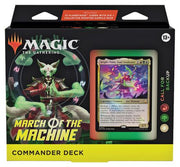 Magic: the Gathering -  March of the Machine Commander - Call for Backup - The Gathering March of the Machine Commander Deck with green goblin artwork and displayed holographic card.