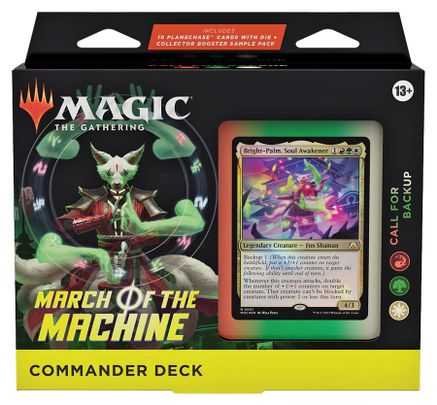 Magic: the Gathering -  March of the Machine Commander - Call for Backup - The Gathering March of the Machine Commander Deck with green goblin artwork and displayed holographic card.