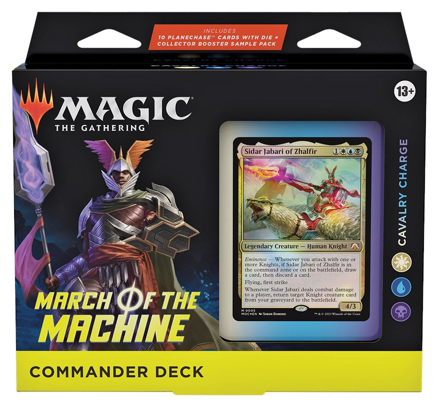 Magic: the Gathering -  March of the Machine Commander - Cavalry Charge - The Gathering March of the Machine Commander Deck featuring Cavalry Charge artwork on black and yellow packaging.