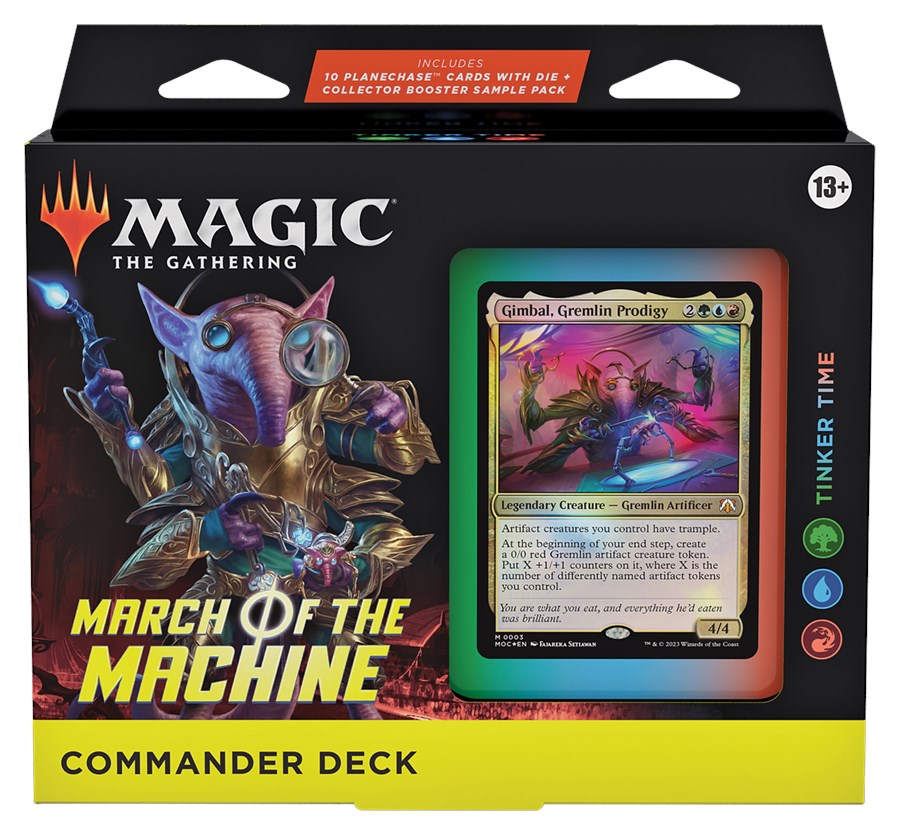 Magic: the Gathering -  March of the Machine Commander - Tinker Time - The Gathering March of the Machine Commander Deck with Tinker Time foil card on black and yellow packaging.